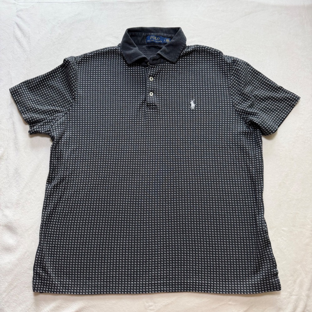 Polo Ralph Lauren Polo Shirt Mens Large Grey White Micro Geometric Print Pony